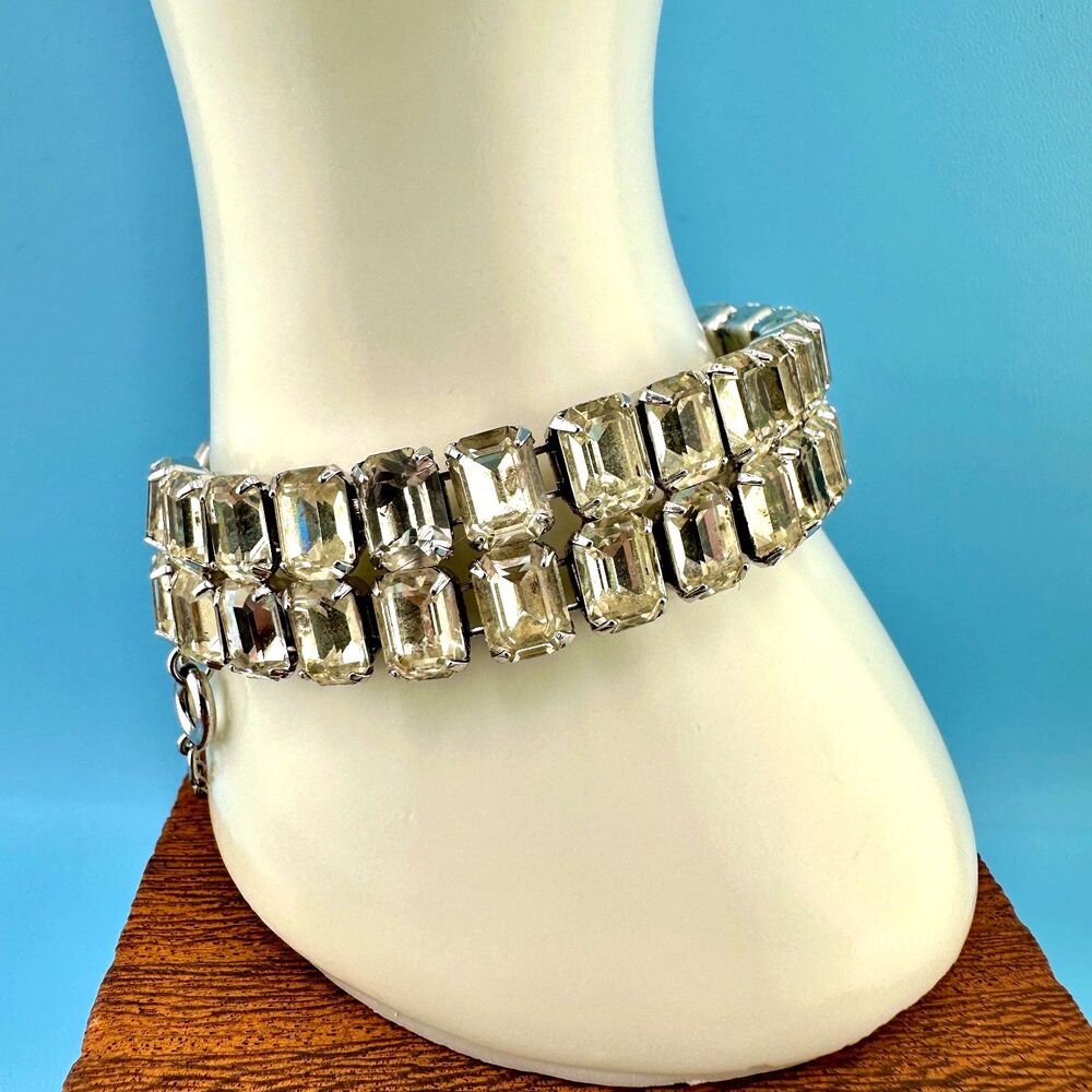 Vintage Weiss Rhinestone Bracelet Clear Baguette Emerald Cut Tennis 7" 2 Row